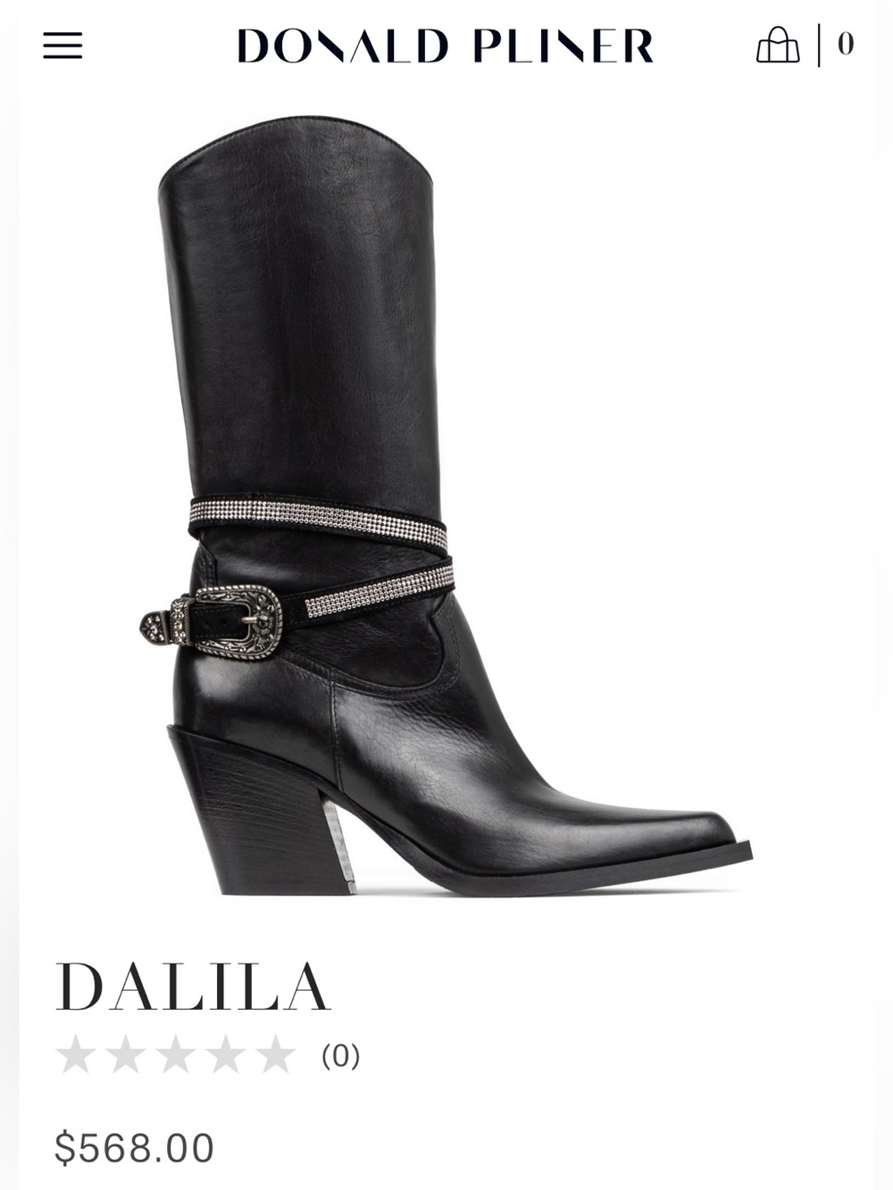 NEW Black Genuine Leather Mid-Calf Heeled Boot with Removable Crystal Strap